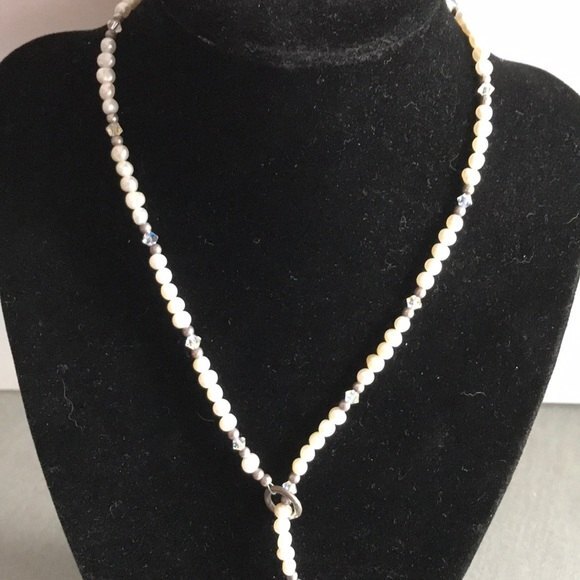 VTG Handmade Pearl Lariat Necklace Swarovski Crystal Sterling Silver Hearts 24 - Picture 1 of 8